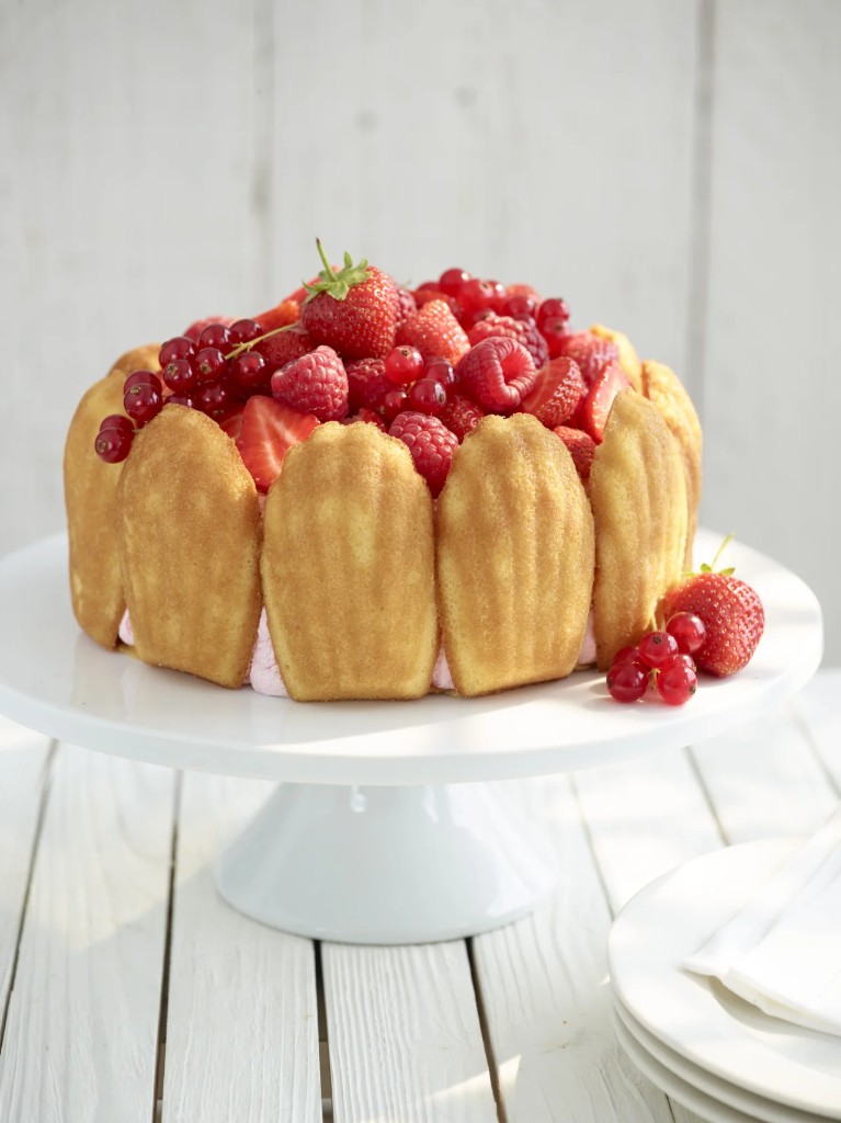 Berry charlotte cake ringed with madeleines on a white stand